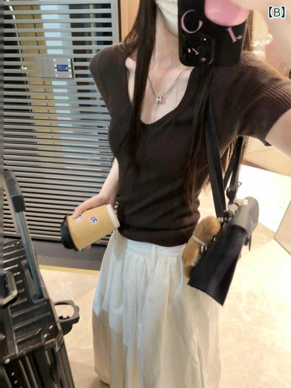 くらしのセロネのレディース Tシャツ ニット トップス 半袖 Vネック タイト セットインスリーブ 韓国ファッション フェミニン 細見え スタイルアップ 上品 きれいめ 大人可愛い ラベンダー ライトパープル 夏 春夏｜アングル3