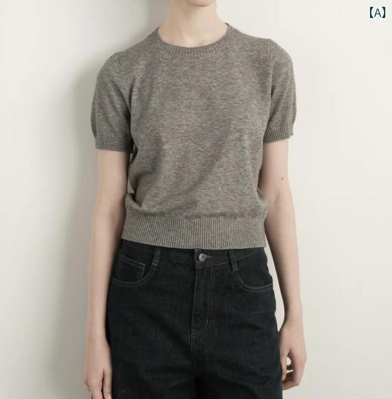 くらしのセロネのレディース ニット Tシャツ サマーニット クルーネック 半袖 薄手 インナー きれいめ 上品 通勤 オフィスカジュアル シンプル 着回し 春夏 グレー ブラック 無地 大人カジュアル｜アングル2