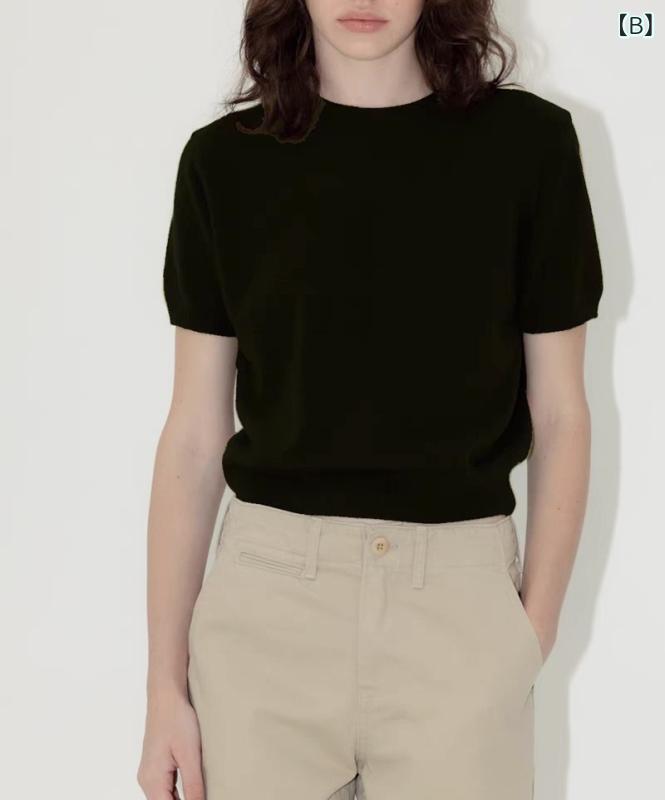 くらしのセロネのレディース ニット Tシャツ サマーニット クルーネック 半袖 薄手 インナー きれいめ 上品 通勤 オフィスカジュアル シンプル 着回し 春夏 グレー ブラック 無地 大人カジュアル｜アングル3