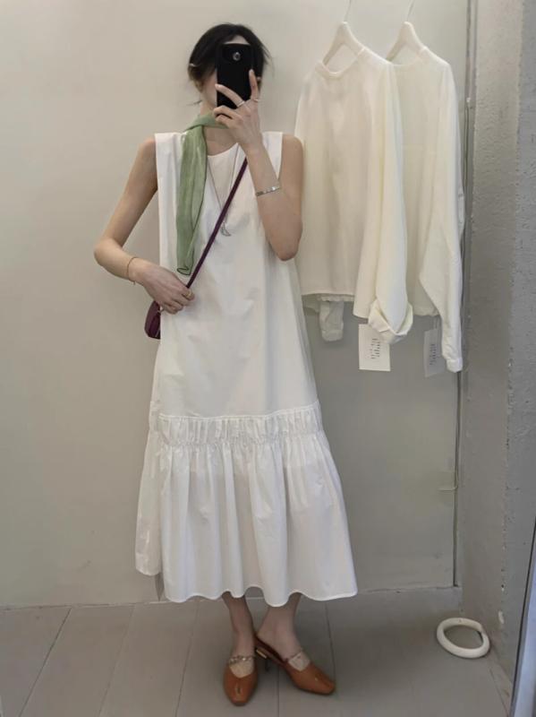 レディース ワンピース ロング丈 ノースリーブ タンクトップ型 上品 ゆったり 韓国ファッション リラックス 体型カバー 大人可愛い きれいめ カジュアル 春 夏