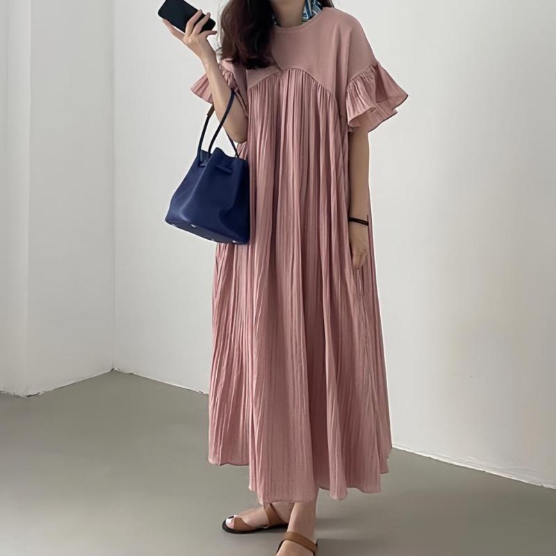 乐天商城 - レディース ワンピース ロングワンピース マキシ丈 ゆったり プリーツ 切り替え フレアスリーブ フリル袖 体型カバー 着痩せ 大人可愛い きれいめ カジュアル 楽ちん 涼しい お洒落 春 夏