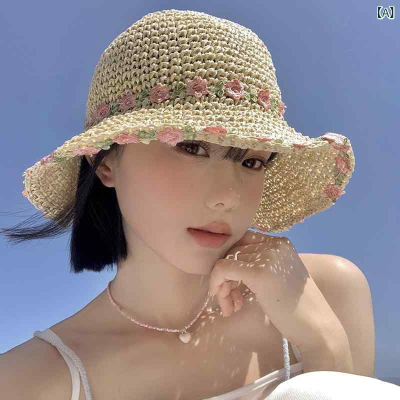 レディース 帽子 麦わら帽子 つば広 花モチーフ 折りたたみ 紫外線対策 UVカット ...