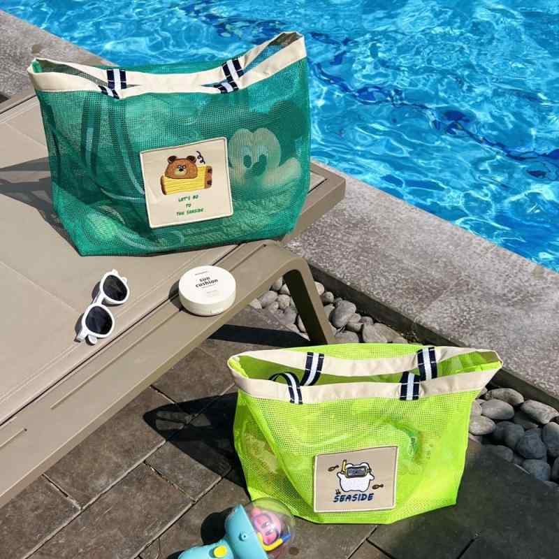 キッズ ビーチバッグ スパバッグ トートバッグ メッシュ 配色 バイカラー 韓国風 手提げ 収納ポーチ 軽量 通気性 水洗い アウトドア 海 プール 銭湯 温泉 旅行 トラベル レジャー お風呂バッグ お着替え入れ おしゃれ かわいい 男の子 女の子