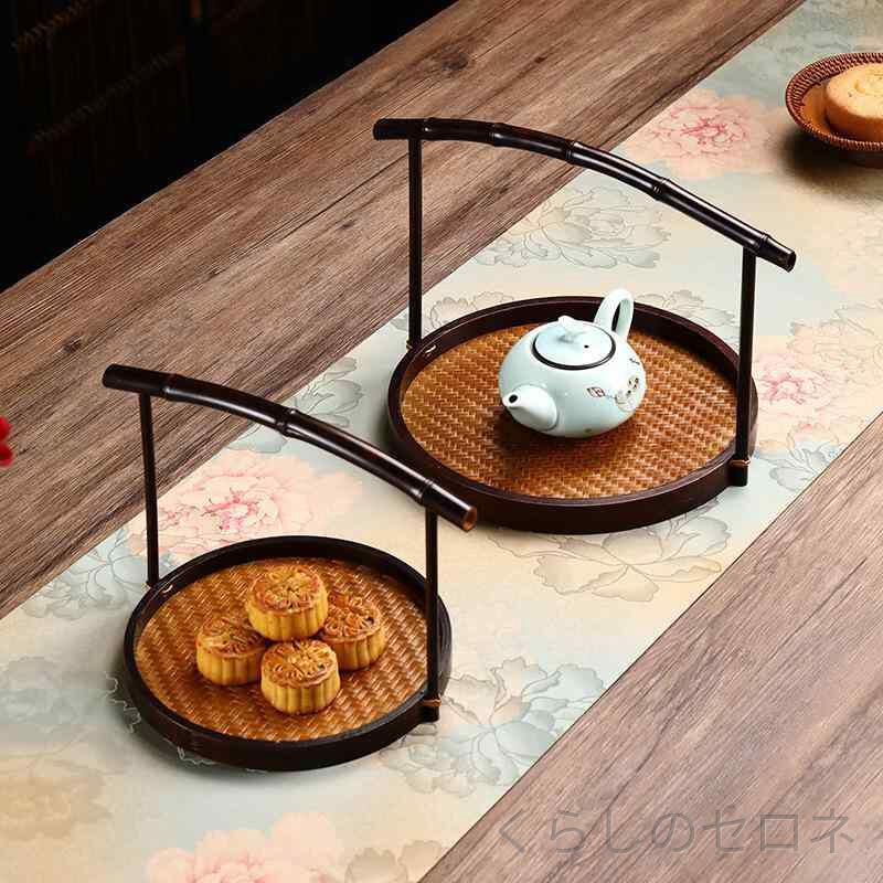 竹編み 手提げ かご フルーツ バスケット レトロ 茶具 収納 中華風 ポータブル 家庭用 手工 編み込み ナチュラル インテリア 雑貨 ディスプレイ 棚受け 置き トレイ 円形 デザイン 軽量 耐久 自然素材 日常使い ギフト ラッピング 対応 シンプ