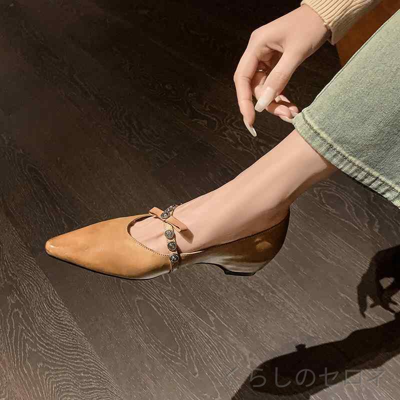 レディース パンプス 本革 インヒール ポインテッドトゥ ストラップ メタルパーツ 上品 通勤 高見え きれいめ 脚長効…