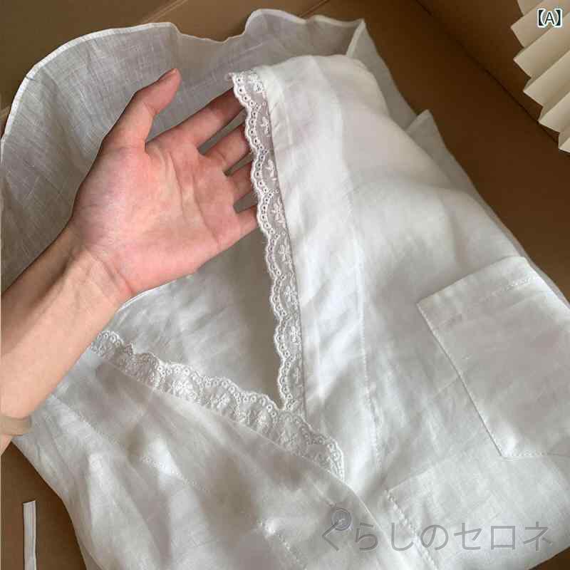 レディース シャツ ブラウス 長袖 Vネック ラミー 麻 UVカット 紫外線対策 レース ...