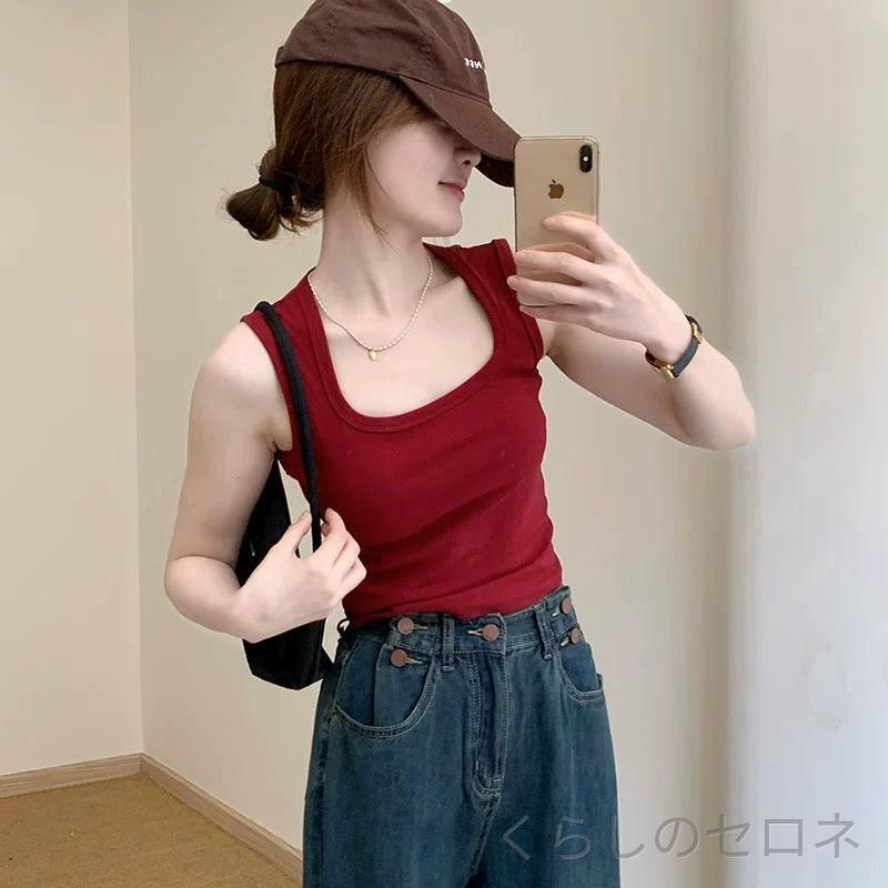 レディース キャミソール ワインレッド スクエアネック ワイドストラップ 脇バストカバー ノースリーブ ショート丈 吊帯トップス インナー レイヤード 軽量 吸湿速乾 通勤 通学 部屋着