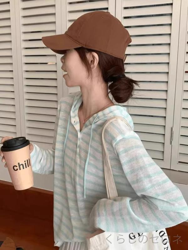 レディース ニット 長袖 Tシャツ フード付き パーカー ストライプ グリーン 薄手 羽織り UVカット 日焼け対策 冷房対策 透け感 紫外線対策 韓国ファッション トレンド おしゃれ カジュアル 春 夏