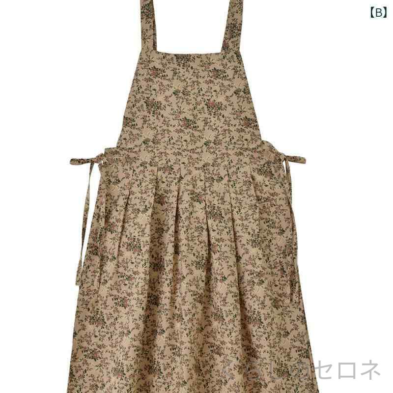 エプロン キッチン用 防水 全綿素材 韓国風 花柄プリント 調整可能 長め丈 綿麻混 ...
