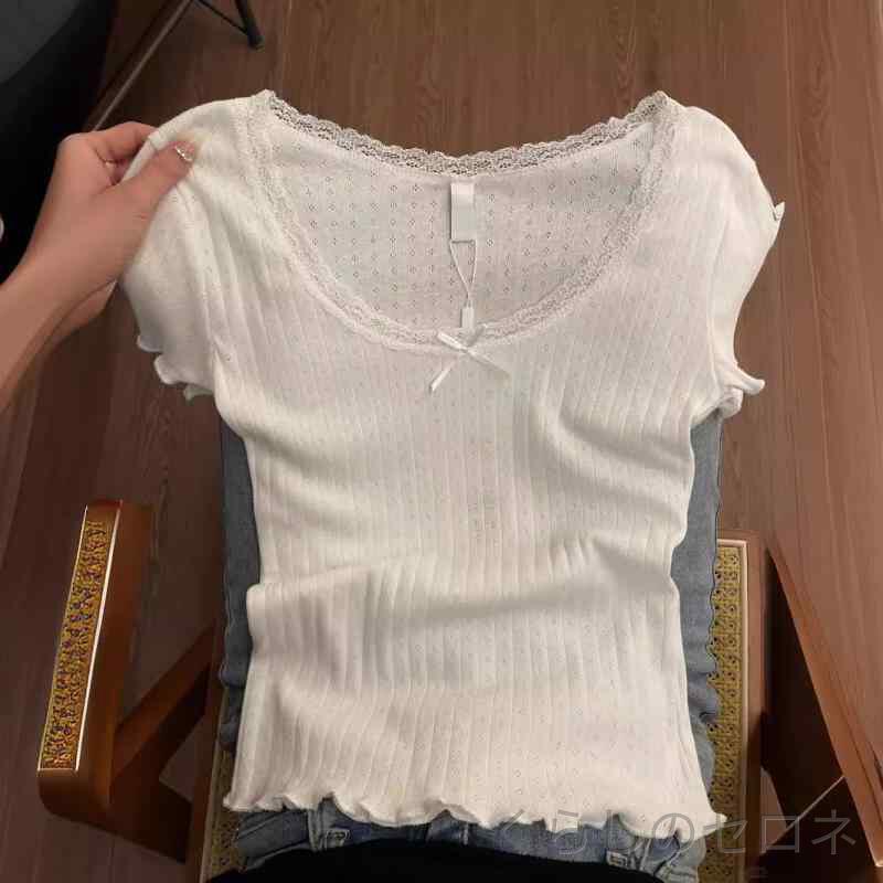 Tシャツ レディース 春夏 白 レース 短袖 ガーリー 正肩 細見え 甘辛 インスタ かわいい セクシー ミックス コーデ 万能 純欲 風 デイリー 使い 軽量 ソフト 素材 フェミニン デザイン