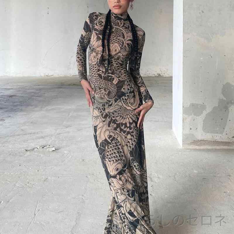 レディース ワンピース タイト ハイネック シアー 透け感 総柄 プリント 欧米風 メッシュ チュール 細見え スタイルアップ 上品 きれいめ 大人可愛い セクシー 秋 春秋