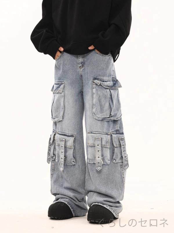 ・生地: デニム・成分: コットン30-50%・カラー: ブルー,ブラック・サイズ: S,M,L,XL,XXL,XXXL・対象性別: 男性・対象年齢: 成人・パンツ形状: ルーズ・丈: ロング・ウエスト位置: ミッド・前立て: ジッパー・厚み: 普通・デザイン: 多ポケット・ストレッチ: 微弾・シルエット: ストレート・加工: 水洗,ノーアイロン