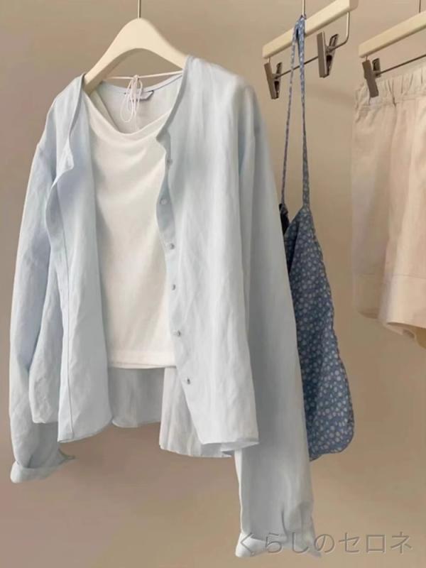 レディース ブラウス シャツ トップス 綿麻 リネン 長袖 薄手 UVカット 日よけ 上品 高見え きれいめ カジュアル 大人可愛い ゆったり 体型カバー 春夏 ライトブルー