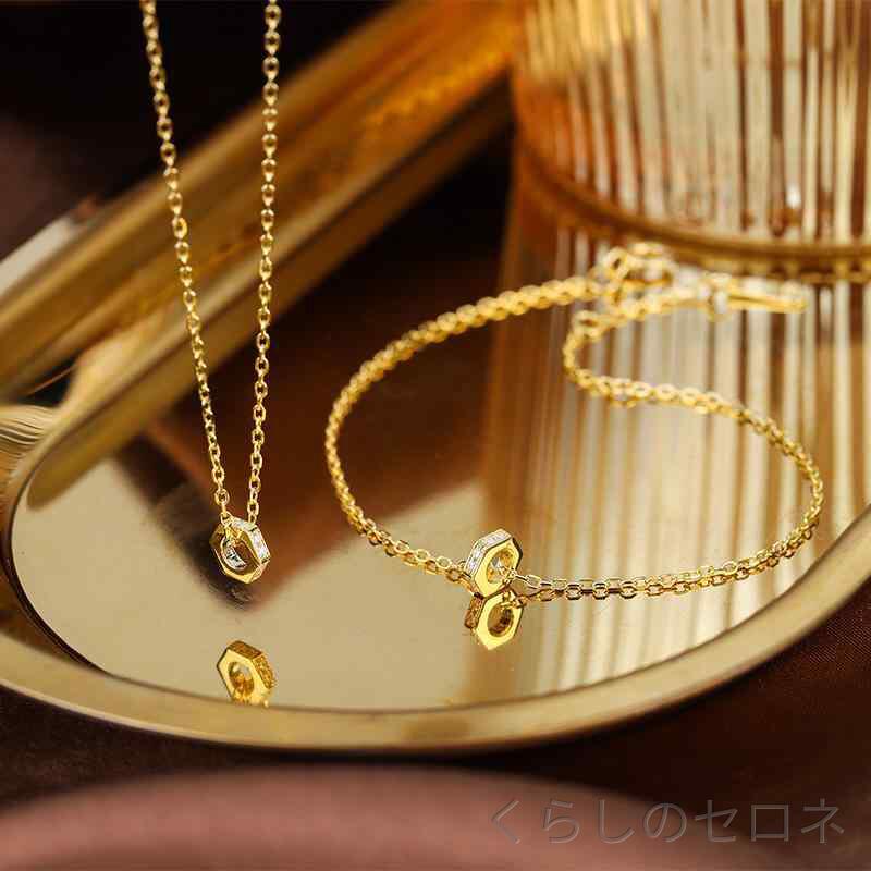 レディース ネックレス ブレスレット セット 925シルバー 金メッキ ハニカム 立体回転 ジルコニア インセット 高級感…