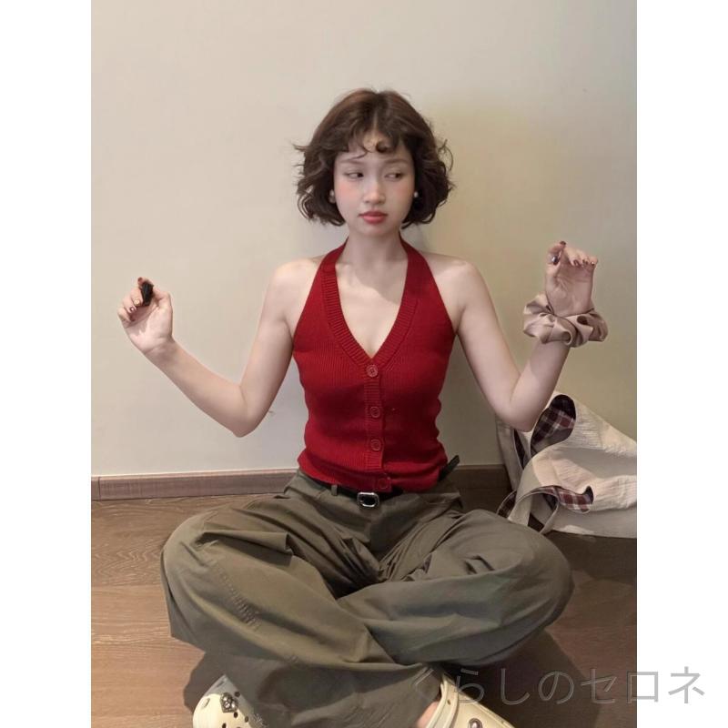 ノースリーブトップス レディース Vネック ボタン 春夏 レトロ ハルターネック キャミソール ニット カーディガン 背心 外出着 軽量 吸湿速乾