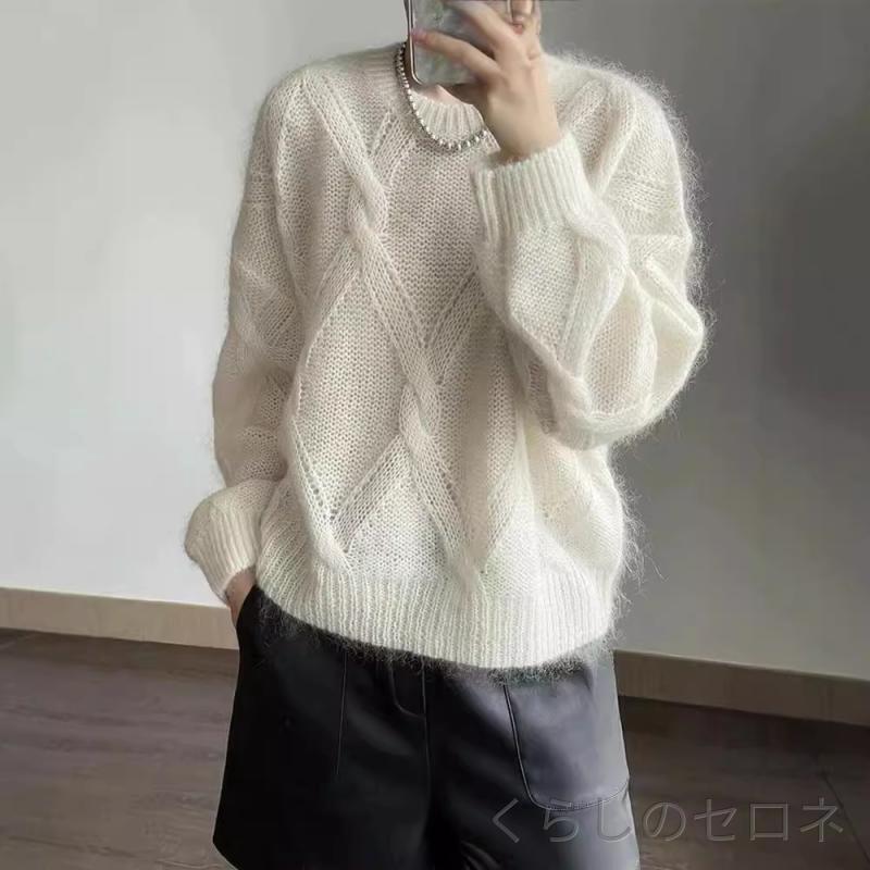 秋冬 レディース ニットセーター ゆったり 羊毛100% 高級感 ケーブル編み 柔らか ...