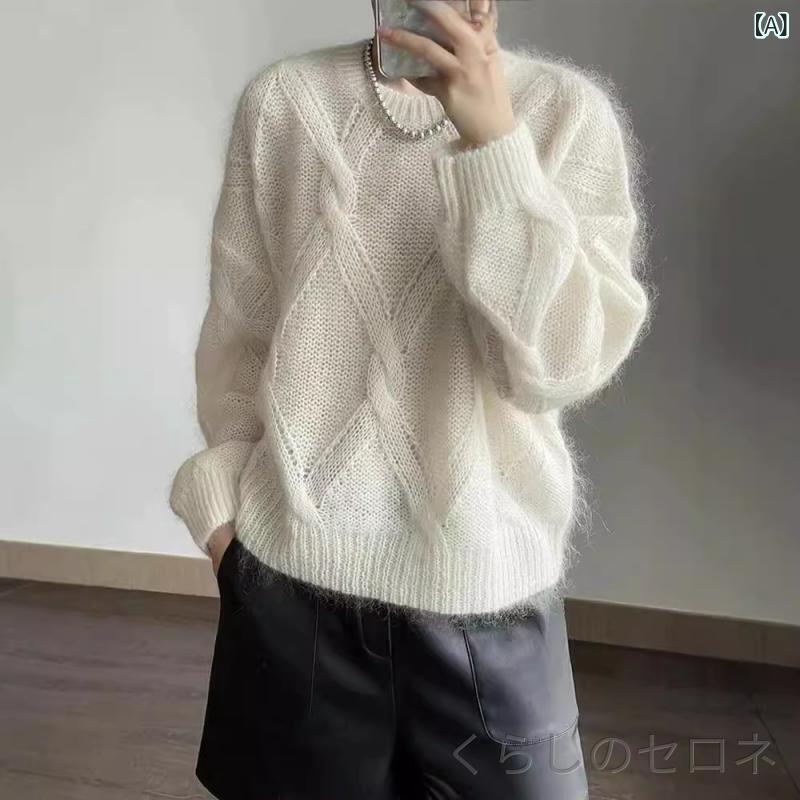 秋冬 レディース ニットセーター ゆったり 羊毛100% 高級感 ケーブル編み 柔らか ...