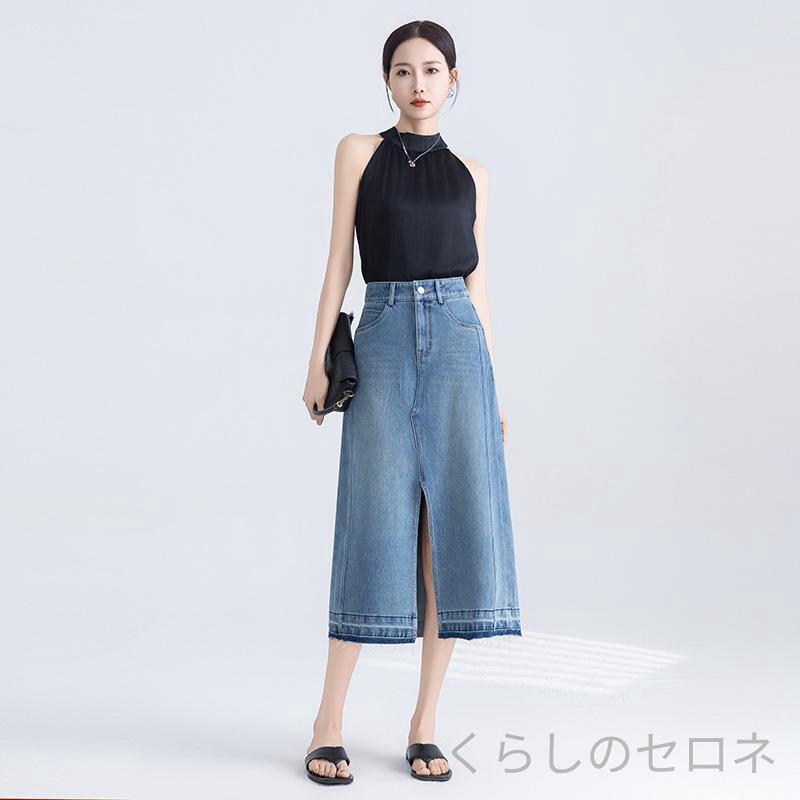 レディース デニムスカート スカート ハイウエスト Aライン スリット ミモレ丈 膝下 小柄 低身長 細見え スタイルアップ きれいめ カジュアル 春 春服