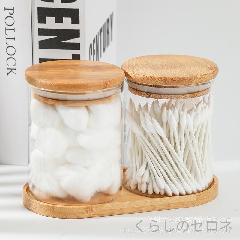 耐熱ガラス 透明収納瓶 竹蓋 綿棒入れ 化粧綿 分装ボトル コットンケース 化粧品収...