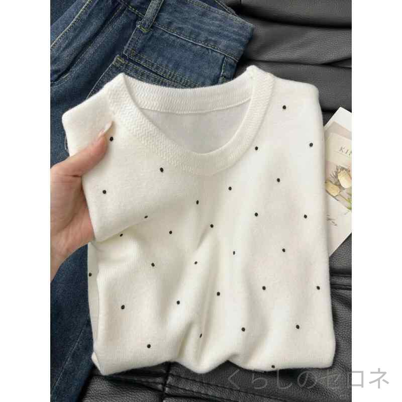 Tシャツ レディース ポルカドット ニット 短袖 春夏 接触冷感 高級感 シンプル インナー ベースレイヤー 通勤 通学 部屋着 吸湿速乾 軽量 綿混 ブラック ピンク系