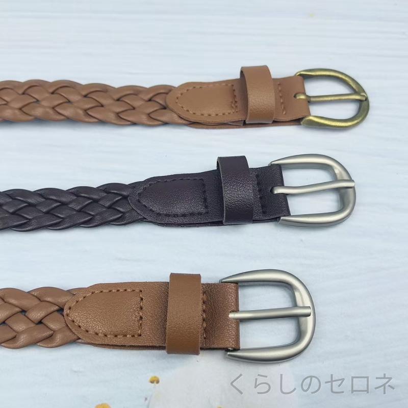 レディース ベルト メッシュベルト 編み込み 手編み レザー シルバーバックル ピン...
