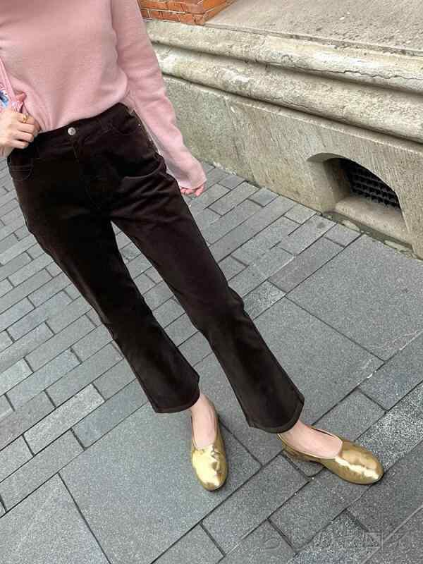 レディース 春夏 九分パンツ フレンチスタイル マット 細やか 綿 コーデュロイ 微フレア ハイウエスト スリム ロング