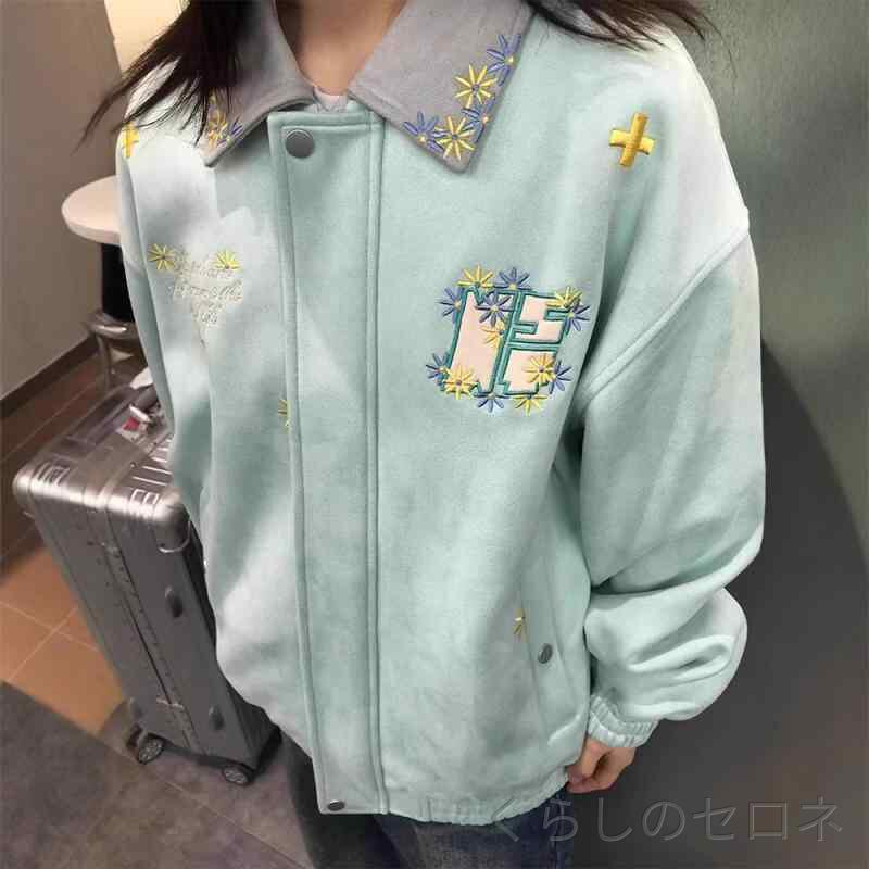 レディース 春夏 野球ジャケット レトロ デイジー 刺繍 ラペル カーディガン アウター アメリカンスタイル