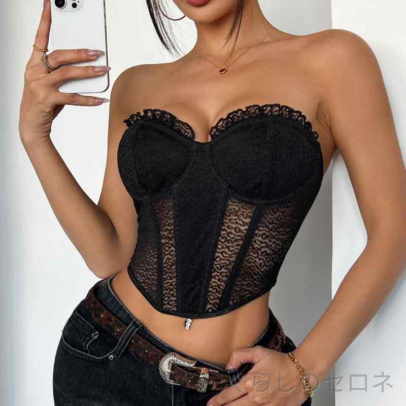 レディース コルセット セクシー 透視 オフショルダー レース ワイヤー ボーン かわいい 切り替え デザイン