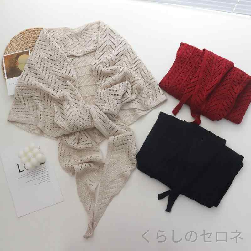 レディース ストール ショール ニット 透かし編み 三角形 リネン 亜麻 無地 ネック...
