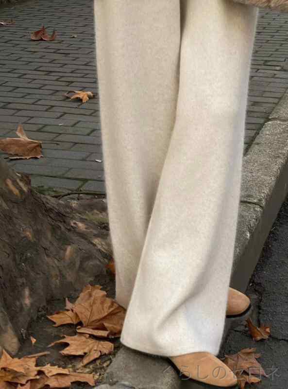 秋冬 レディース ワイドパンツ 厚手 保温 ドレープ感 ストレート ゆったり ロング 床引き丈 羊毛 カシミア ニットパンツ カジュアル 日常着 オーストラリア羊毛