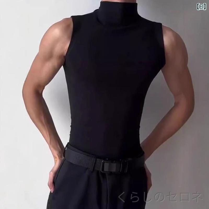 メンズ タンクトップ ノースリーブ Tシャツ トレーニングウェア ハイネック 無地 ...