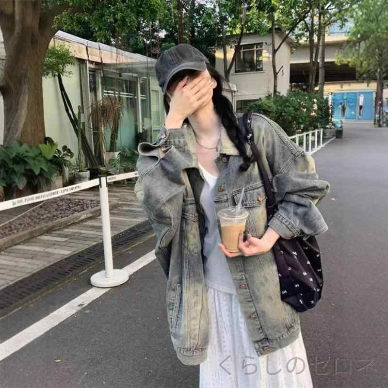 ・素材: デニム・コットン含有率: 30-50%・袖型: レギュラースリーブ・シルエット: ルーズ・着丈: 中長 (65-80cm)・色: ブルー・サイズ: S,M,L,XL・スタイル: 通勤・袖丈: 長袖・襟型: ポロ領