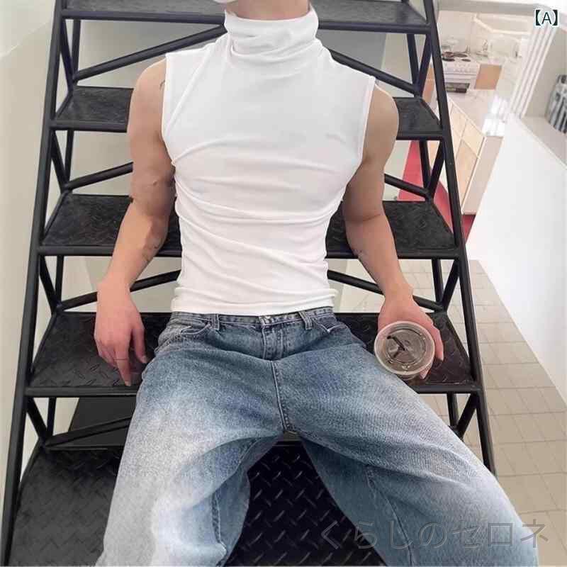 メンズ タンクトップ ノースリーブ Tシャツ トレーニングウェア ハイネック 無地 ...