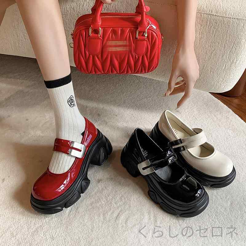 レディース パンプス メリージェーン 厚底 牛革 エナメル ラウンドトゥ ストラップ マジックテープ ベルクロ 金属バ…