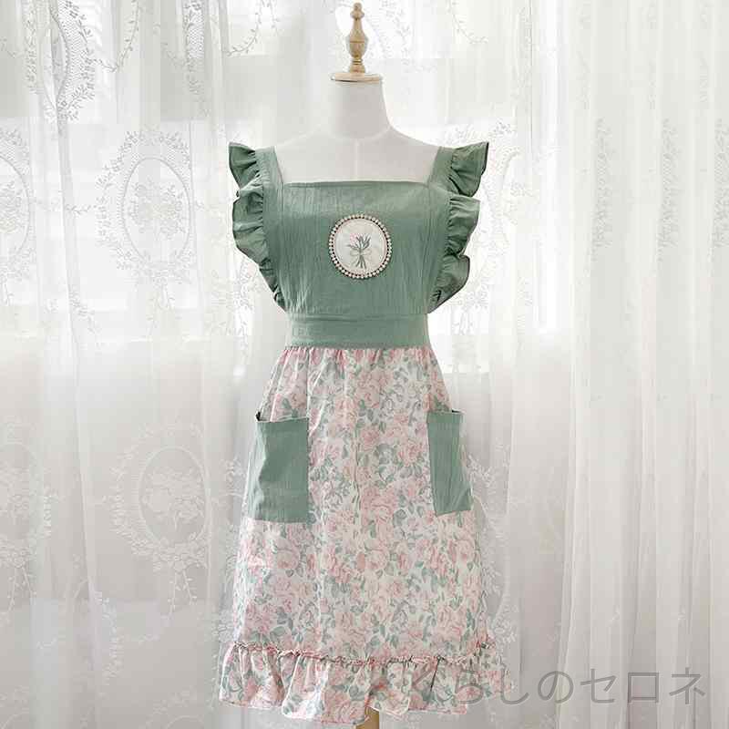 ・タイプ: 無袖エプロン・用途: 防汚・素材: コットン100%・サイズ: フリーサイズ・柄: 細花柄・柄: 花・草・葉・カラー: ピンク,グリーン・対象: 成人