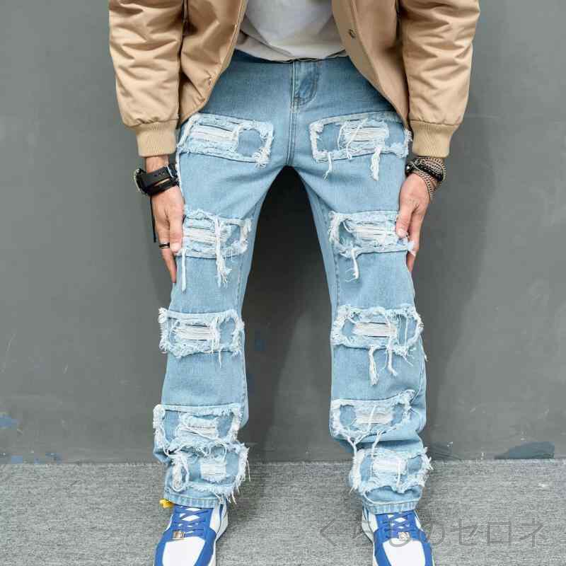 ・スタイル: ストリート・パンツタイプ: スリムパンツ・シルエット: タイト・加工: ウォッシュ・丈: ロング・ウエスト: ミッド・前立て: ジッパー・厚み: 普通・素材: コットン混紡・主素材: コットン90%・ディテール: パッチ装飾・裾: スリム・カラー: ライトブルー・サイズ: 28,30,32,34,36,38・対象: メンズ・種類: デニムパンツ・シーン: カジュアル