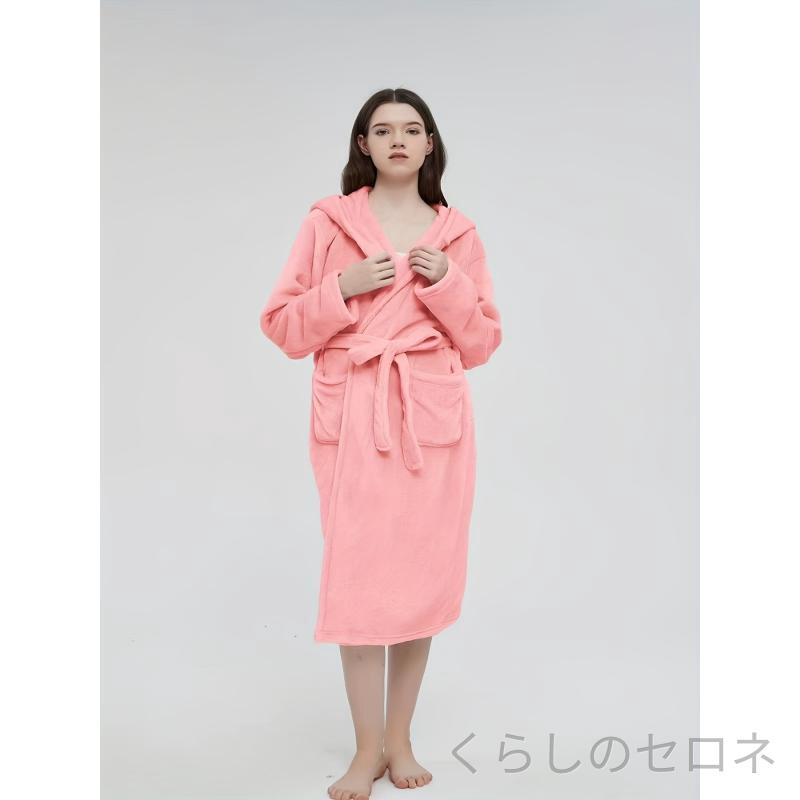 レディース フランネル 柔らかい 親肌 ピンク フード付き 長袖 両ポケット バスローブ ルームウェア ガウン 部屋着 …