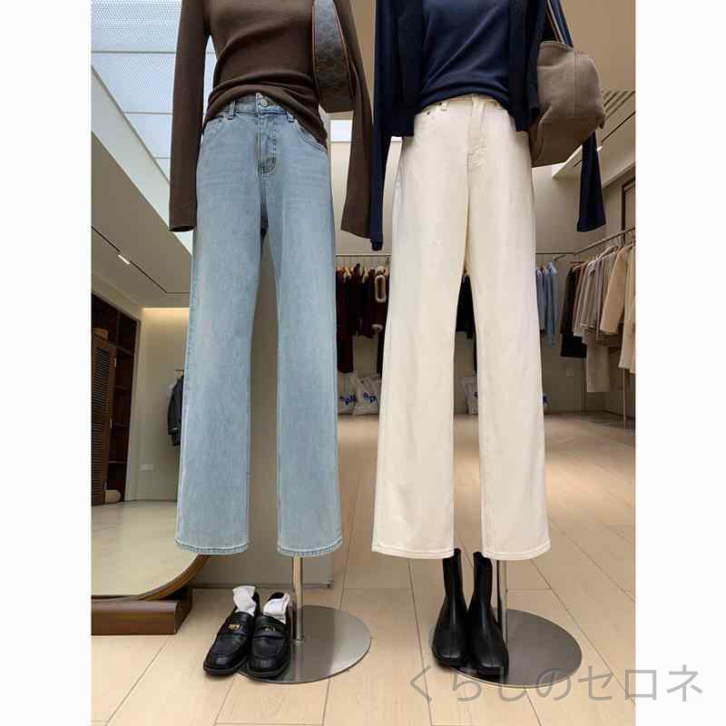 ・丈: ロングパンツ・ウエスト: ハイウエスト・厚み: 中厚・カラー: ホワイト、ブルー、ブラック・サイズ: 25,26,27,28,29・スタイル: 日韓カジュアル・テイスト: デニム・ストレッチ: 微弾・パンツ形状: ストレートパンツ