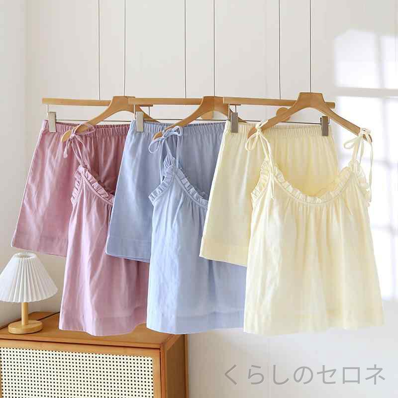 ・素材: コットン・主素材成分: コットン100%・厚み: 薄手・袖丈: ノースリーブ・パンツ丈: ショートパンツ・色: ベージュ,ブルー,ピンク・サイズ: M,L,XL