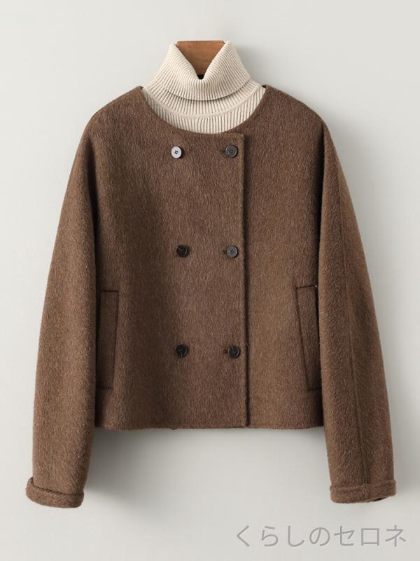 レディース コート ショート丈 ウール カシミヤ混 ダブルフェイス リバーシブル クルーネック ノーカラー 上品 高見え 通勤 きれいめ 着回し 小柄さん向け 春