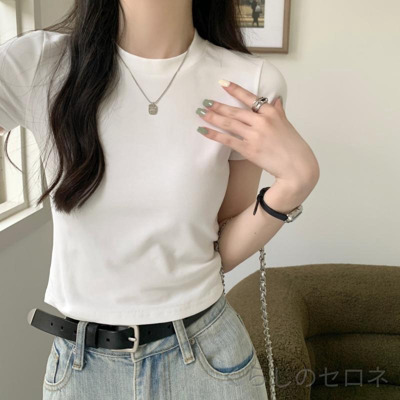 Tシャツ レディース ホワイト 短袖 春夏 綿 短め スリムフィット デザイン 純欲風 辣妹スタイル 正肩 接触冷感 吸湿速乾 軽量