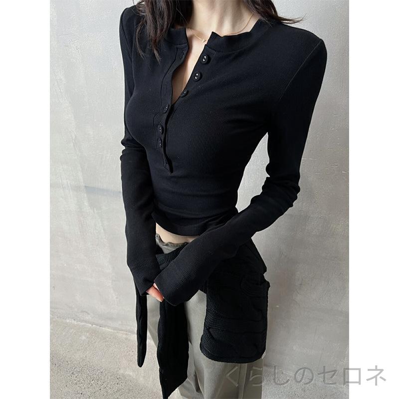 Tシャツ レディース 春夏 アメリカン レトロ スリム ボタン Vネック 正肩 長袖 インナー セクシー ギャル風 トップス 修身 上衣 打底衫 辣妹風