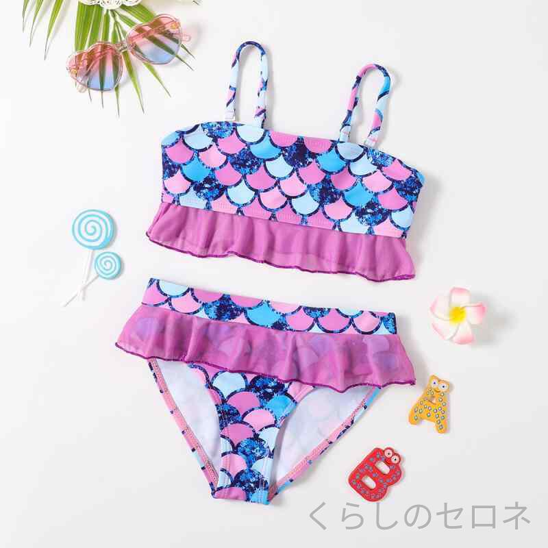 ・対象年齢: 2-12歳・対象性別: 女性・表地: ポリエステル・素材: ポリエステル85%・生地重量: 100-150g・裏地: ポリエステル・裏地素材: ポリエステル95%・用途: スイミング、水辺活動・柄: ナチュラル、その他・色: マーメイド・サイズ: 104,116,128,140(胸パッド付き),152(胸パッド付き),164(胸パッド付き)・デザイン: トライアングルパンツ