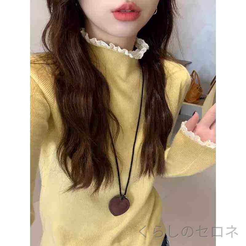 秋冬 レディース ニットセーター レース花辺 半高領 かわいい ペティート 優しい 減齢 インナートップス ベースレイヤー 接触冷感 吸湿速乾