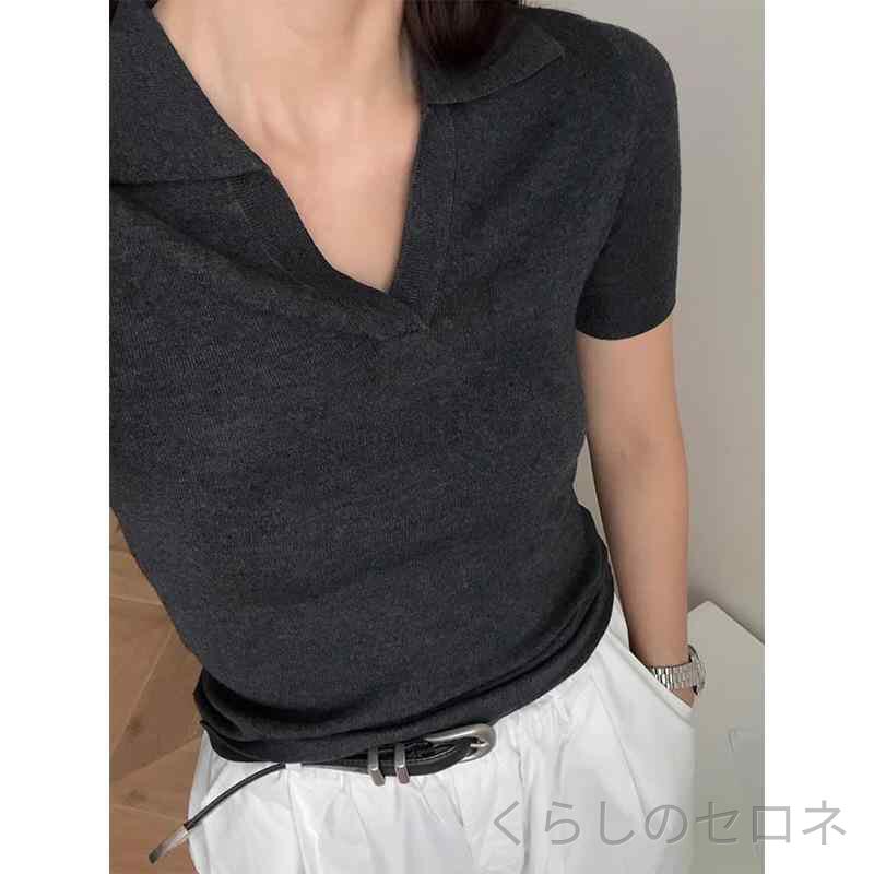 レディース ポロシャツ Tシャツ ニット 接触冷感 半袖 Vネック タイト ショート丈 ポロ襟 上品 きれいめ 通勤 オフィ…
