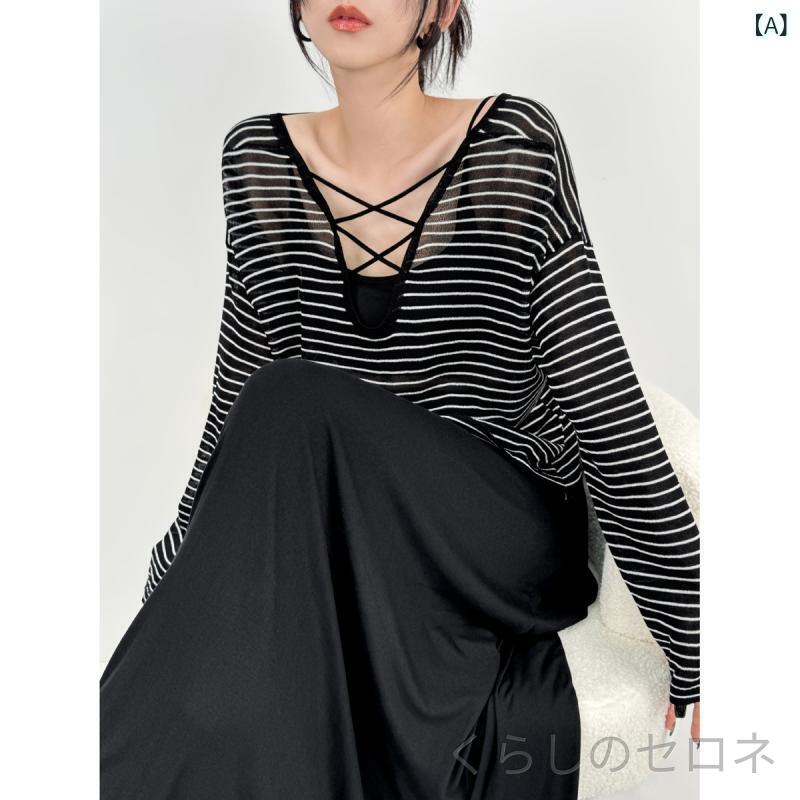 レディース ニット Tシャツ トップス シアーニット サマーニット 長袖 ストライプ ...