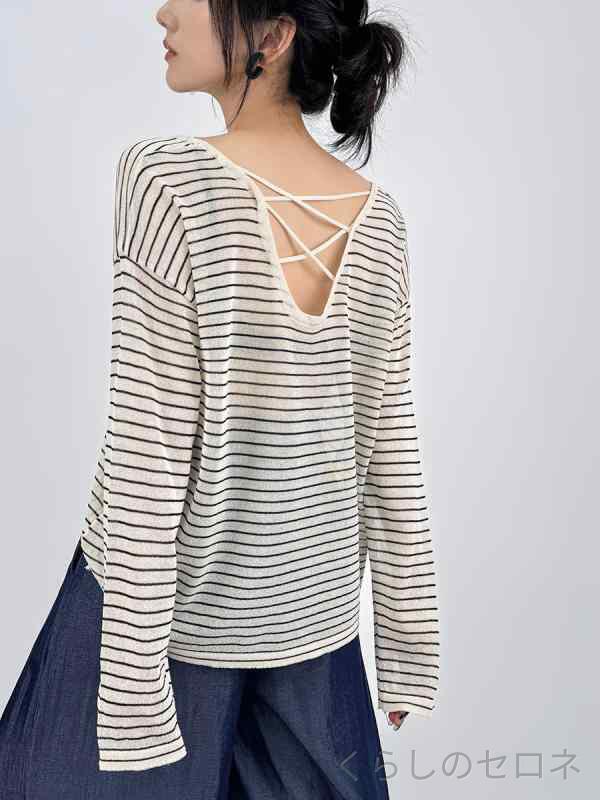 レディース ニット Tシャツ トップス シアーニット サマーニット 長袖 ストライプ UVカット 透かし編み バッククロス…