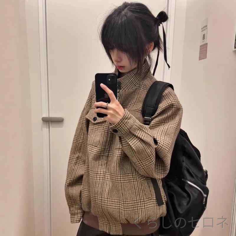 ジャケット 男女兼用 秋冬 アメリカンスタイル レトロ 千鳥格子 ハリントン ショート丈 高級感 立襟 クリーンフィット