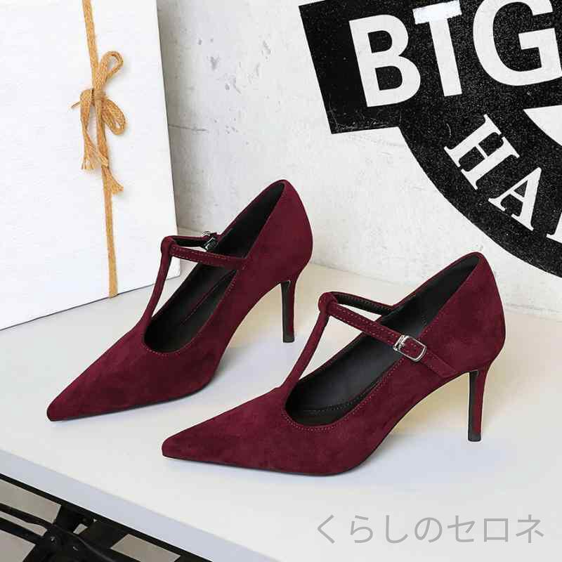 レディース パンプス ポインテッドトゥ ピンヒール スエード Tストラップ 上品 高...