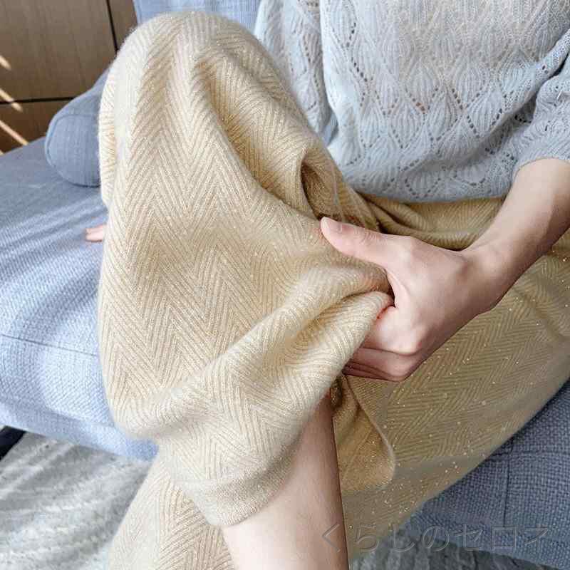 パンツ レディース ワイドレッグ ハイウエスト ゆったり ニット 羊毛 カシミア 光沢 ストレート ロング ドレープ感 接触冷感